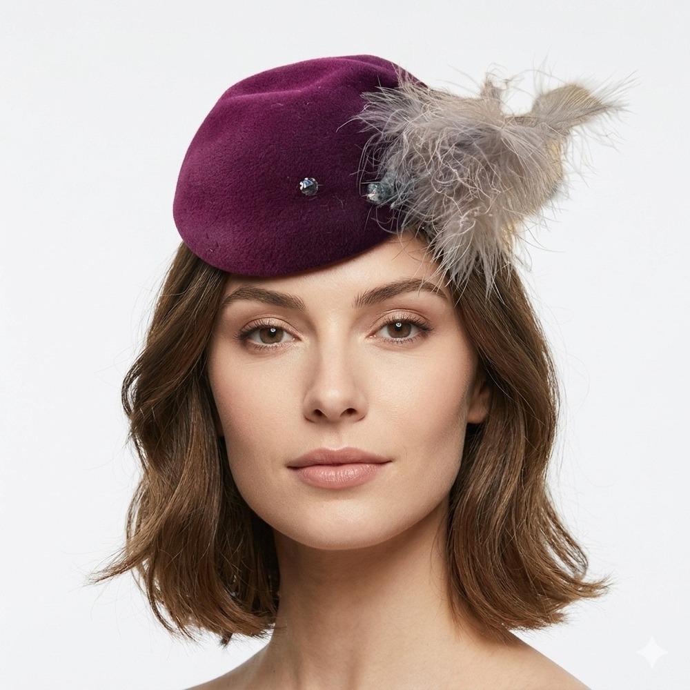 Vintage Burgundy Felt Pillbox Hat Fascinator Ostrich Feather Accent